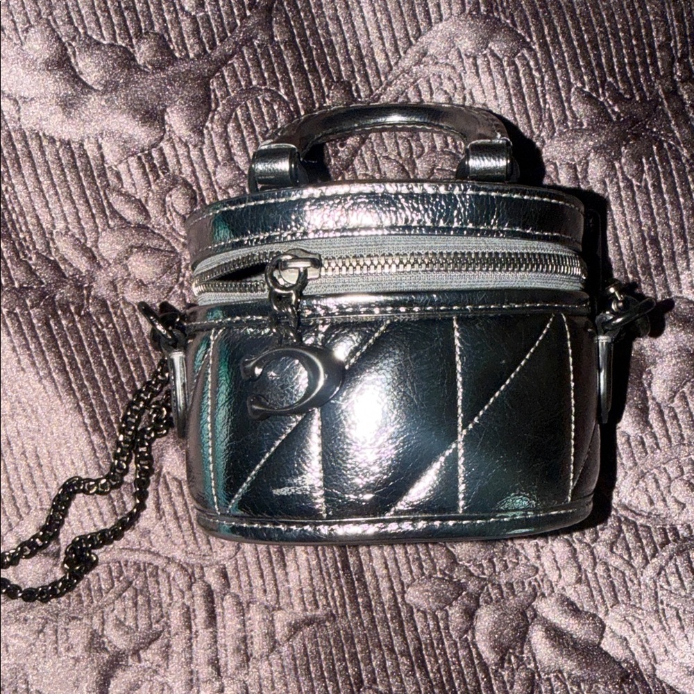 Coach Metallic Silver Quilted Mini Vanity Bag with Chain Strap